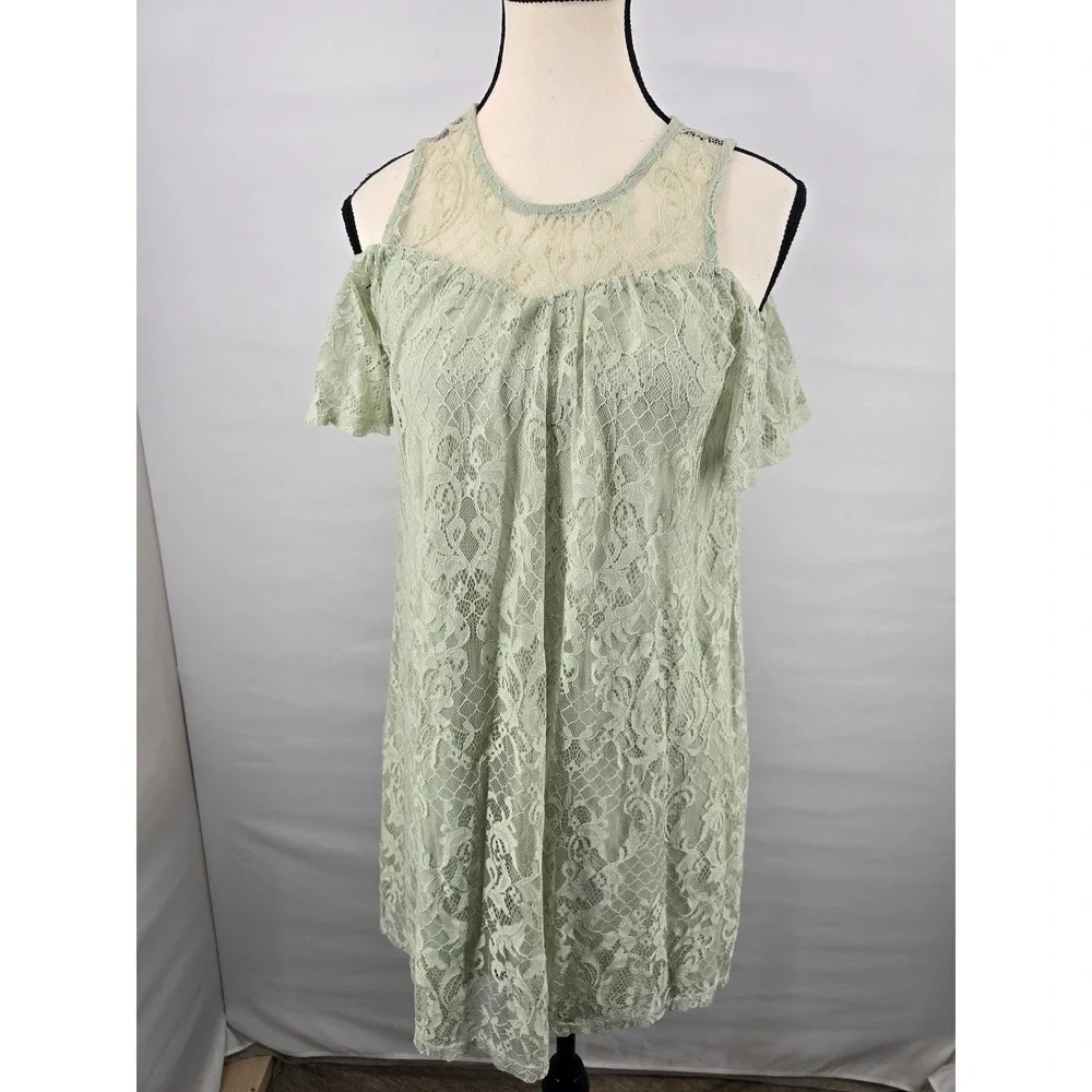 Altar'd State Sage Green Lace Cold Shoulder Shift Dress Women Small Floral